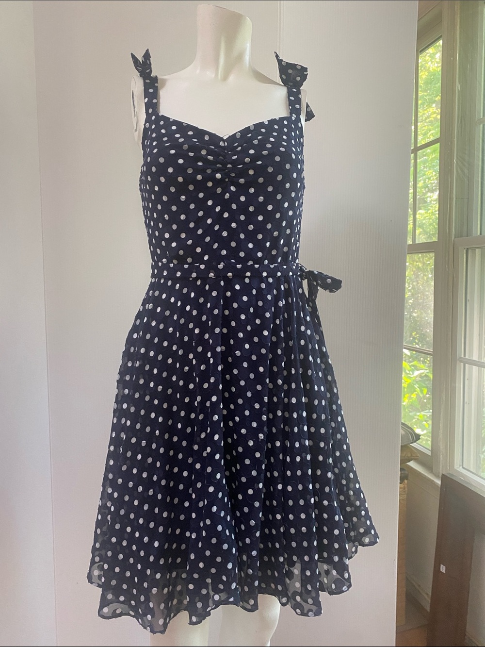 Betsey Johnson Navy & White Polka Dot Tie-Shoulder Midi Dress